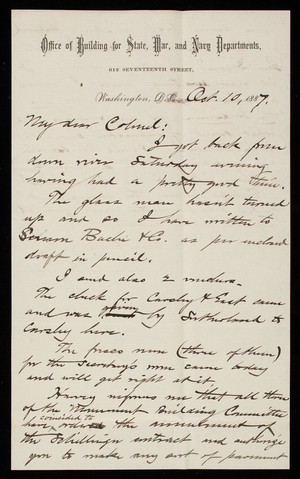 Bernard R. Green to Thomas Lincoln Casey, October 10, 1887