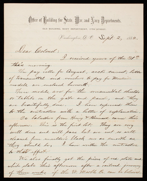 Bernard R. Green to Thomas Lincoln Casey, September 2, 1882