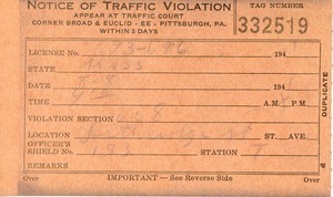 Traffic ticket from Pittsburgh Police to Charles L. Whipple