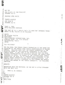 Telex prinotut from Mark H. McCormack to Philippe Chatrier