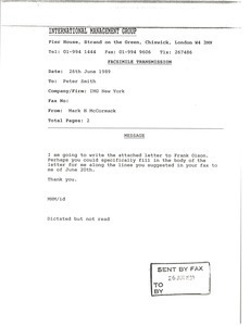 Fax from Mark H. McCormack to Peter Smith