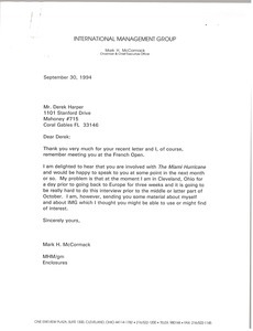 Letter from Mark H. McCormack to Derek Harper