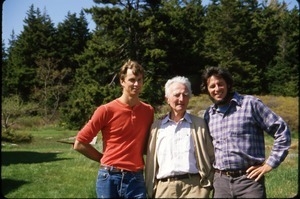 Averill Powers, Mark Sommer, and Harry Hollins (left to right) at Hollins homestead on island in mouth of Kennebec River, Maine