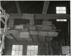 Types: signs recording date of first snow and cold weather events, hung in the rafters of a blacksmith's shop