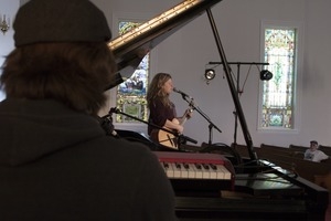 Dar Williams, at sound check at the First Congregational Church in Wellfleet, accompanied by Bryn Roberts on piano