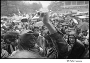 MIT war research demonstration: man raising fist