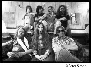 Grateful Dead backstage (rear, left to right): Bob Weir, Mickey Hart, Bill Kreutzman,Jerry Garcia; (front) Keith Godchaux, Donna Godchaux, Phil Lesh