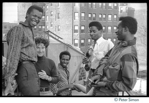 Chambers Brothers on a city rooftop: (from left) George Chambers, Brian Keenan, Joe Chambers, Willie Chambers, and Lester Chambers