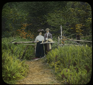 Entrance to trail, Wachusett (couple walking on fern-flanked path)