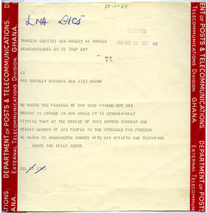 Telegram from Grace and Billy Goens to Mrs. W. E. B. Du Bois