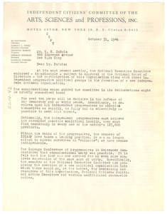 Letter from Independent Citizens Committee for the Arts, Sciences and Professions to W. E. B. Du Bois