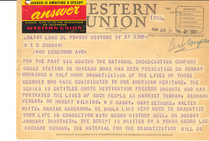 Telegram from WMAQ Radio to W. E. B. Du Bois