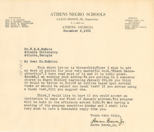 Letter from Aaron Brown, Jr. to W. E. B. Du Bois