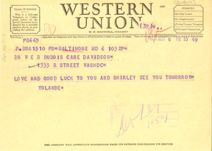 Telegram from Yolande Du Bois Williams to W. E. B. Du Bois