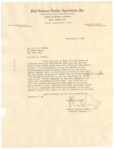 Letter from Paul Laurence Dunbar Garden Apartments to W. E. B. Du Bois