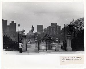 People standing at Arlington Street entrance, Boston Public Garden