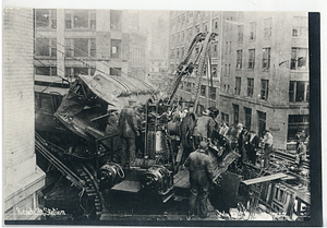 Beach Street Station accident, view from tracks of cars and crane