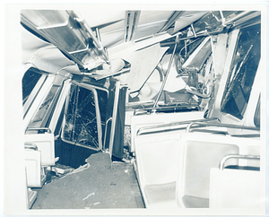 Unidentified Green Line collision, view inside train of damage