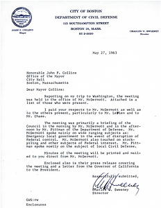 Letter to Mayor John Collins from Director of Civil Defense Charles W. Sweeney