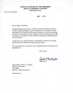 Letter from Office of Emergency Planning (OEP) Director Edward A. McDermott to Mayor John Collins with attached report