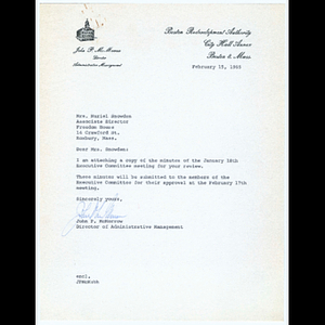 Letter from John P. McMorrow to Mrs. Muriel Snowden about minutes from Executive Committee meeting of the Citizens Advisory Committee on January 18, 1965