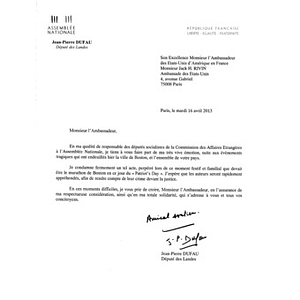 Letter from Jean-Pierre Dufau, a member of the National Assembly of France, to Charles Rivkin, the United States Ambassador to France