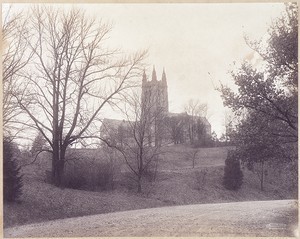 Gasson Hall, first building on the Chestnut Hill campus, from the Lawrence Basin, which has since been filled in and replaced by Boston College athletic fields