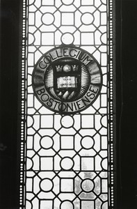 Stained Glass window with "Boston College" in Burns Library