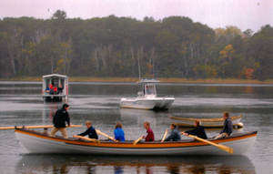 Launching the whale boat at Lowell's Boat Shop built by apprentices