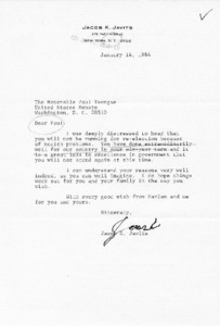 Letter from Jacob K. Javits to Paul Tsongas