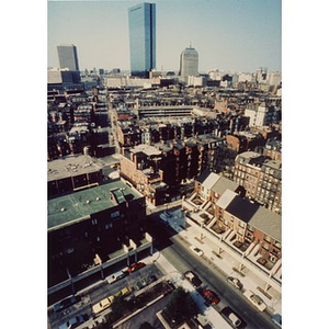 Bird's-eye view of Villa Victoria housing (lower right), the South End, and towers of downtown Boston.