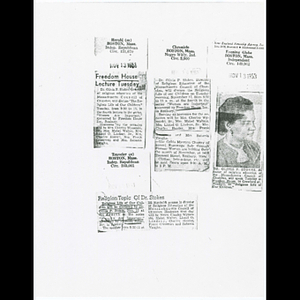 Photocopy of newspaper clippings advertising Dr. Olivia P. Stokes' lecture at Freedom House