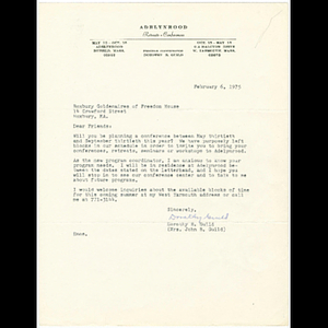 Letter to Roxbury Goldenaires of Freedom House from Dorothy B. Guild about Adelynrood conference center