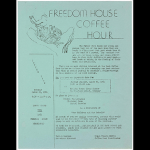 Flier advertising Freedom House Coffee Hour featuring discussion on children and schools