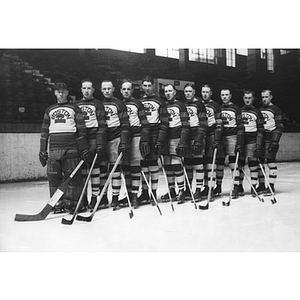 A team photo of the Boston Bruins in the Boston Arena