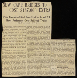 "New Cape Bridges to Cost $187,000 Extra," unknown newspaper, October 1934
