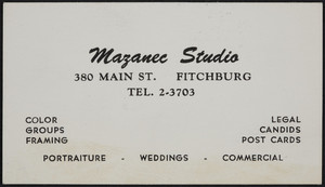 Trade card for the Mazanec Studio, 380 Main Street, Fitchburg, Mass., undated