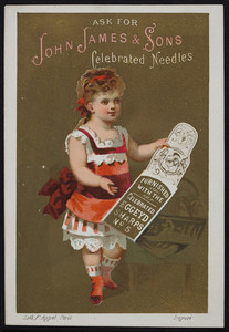 Trade card for John James & Sons, manufacturers of all description of sewing needles and machine needles, Redditch, England, 1881