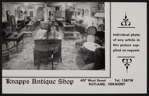 Postcard of Knapps Antique Shop, 407 West Street, Rutland, Vermont, undated