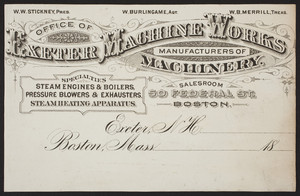 Billhead for Exeter Machine Works, 50 Federal St., Boston., Mass., undated