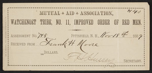 Receipt for the Mutual Aid Association, Watchenoet Tribe, No. 11, Improved Order of Red Men, Pittsfield, New Hampshire, dated November 18, 1889