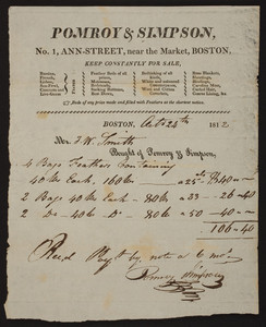 Billhead for Pomroy & Simpson, feather beds, mattresses, bedding, No. 1 Ann Street, near the Market, Boston, Mass., dated October 24, 1812