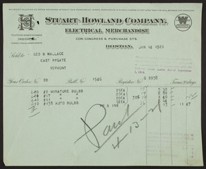 Billhead for the Stuart-Howland Company, electrical merchandise, corner Congress & Purchase Streets, Boston, Mass., dated January 14, 1921