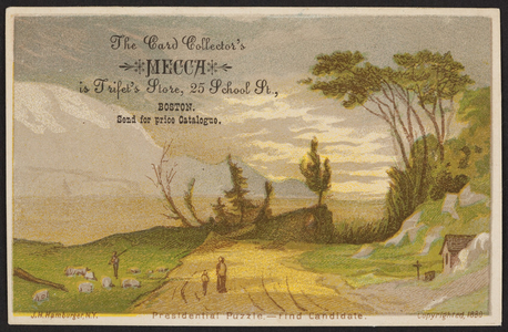 Trade card for Trifet's Store, the card collector's mecca, 25 School Street, Boston, Mass., 1880