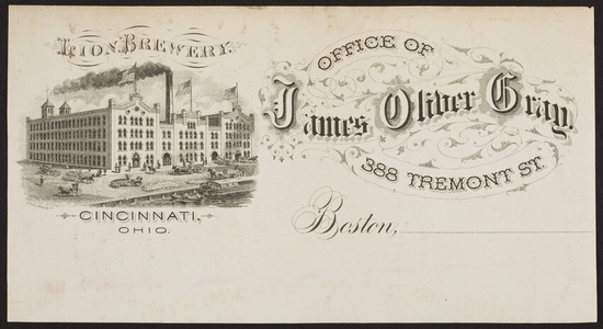 Billhead for James Oliver Gray, Lion Brewery, 388 Tremont Street, Boston, Mass., ca. 1800