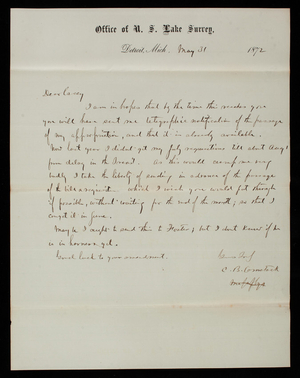 General [Cyrus] B. Comstock To Thomas Lincoln Casey, May 31, 1872 ...