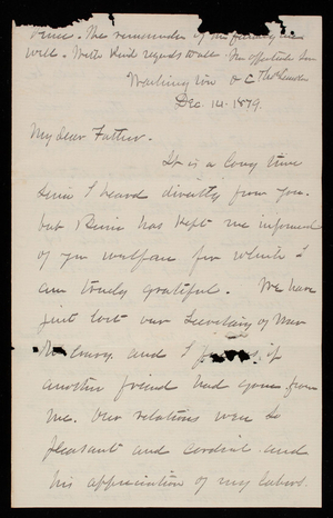 Thomas Lincoln Casey to General Silas Casey, December 14, 1879