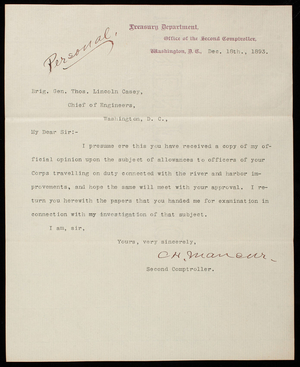 [Charles] H. Mansur to Thomas Lincoln Casey, December 18, 1893