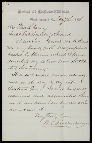 W. S. Shallenberger to Thomas Lincoln Casey, February 7, 1878