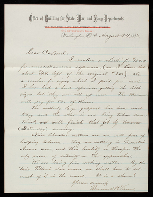 Bernard R. Green to Thomas Lincoln Casey, August 24, 1883